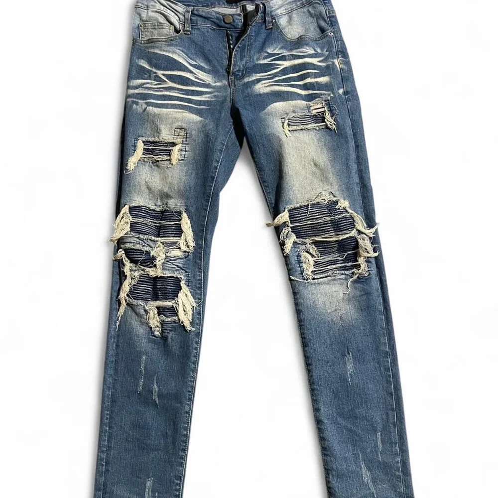 AMIRI Distressed Slim Jeans in Indigo Blue with White Fading
